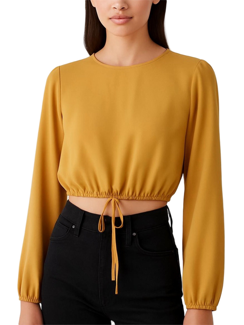 Wilfred Aritzia Women's Mustard Gold Drawstring Hem Long-Sleeve Top Size Small